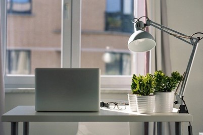 A laptop sitting on a well-lit desk with a lamp next to a few pot plants